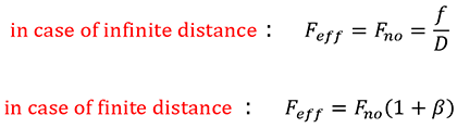 in case of infinite distance： 𝐹𝑒𝑓𝑓 = 𝐹𝑛𝑜 = 𝑓/𝐷、in case of finite distance： 𝐹𝑒𝑓𝑓 = 𝐹𝑛𝑜(1 + 𝛽)